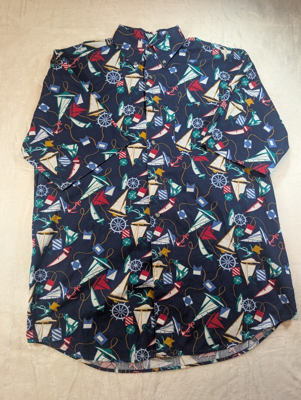 Vintage Croft & Barrow Nautical Sailboat Button Shirt Mens Large Cotton Boats